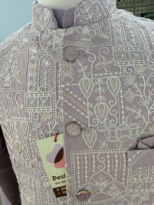 Men’s Pastel Purple 3-Piece Kurta Pajama with Heavy Embroidered Jacket, Wedding & Festive Ethnic Wear, KPJ-3079