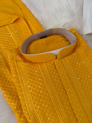 Exquisite Chikankari Sequins 2 Piece Kurta Pajama Set for Man, Yellow Shade, Embroidered Party Man's Wear, KP - 2045