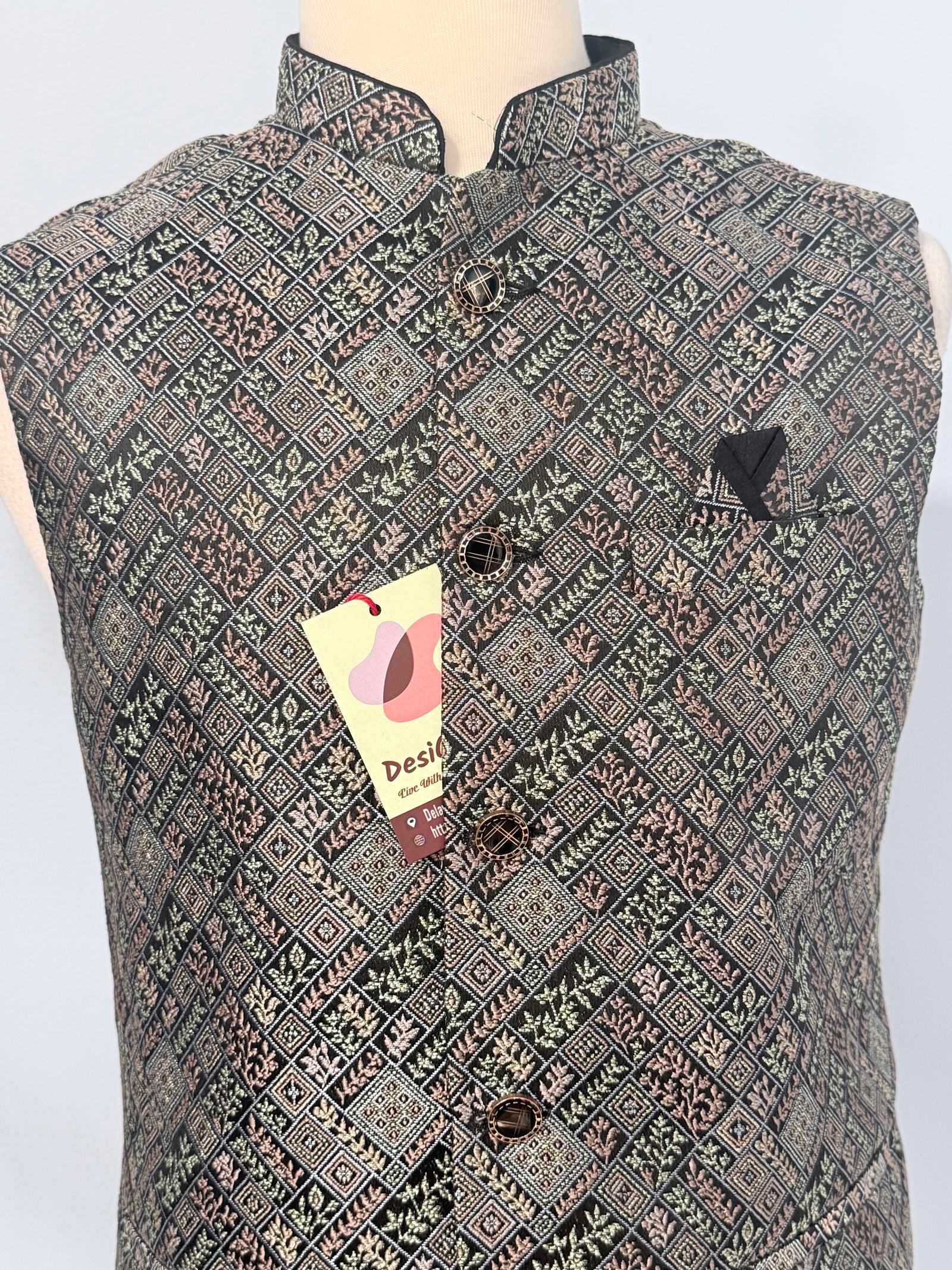 Men’s Black Brocade Nehru Jacket – Multicolor Woven Design Indian Wedding Waistcoat, Festive Modi Jacket, J-3074