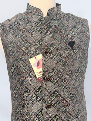 Men’s Black Brocade Nehru Jacket – Multicolor Woven Design Indian Wedding Waistcoat, Festive Modi Jacket, J-3074