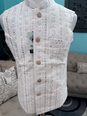 Festive White Ethnic Jacket for Men – Pastel Thread Embroidery with Sequins – Heavy Thread Work Wedding Waistcoat | J-3032