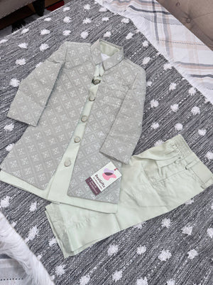 Boy's Green Shade Cotton Silk 3 Piece Indo Western Outfit,  Embroidered  Sequins Long Jacket with Pant , Boy's Sherwani Dress - B-3055