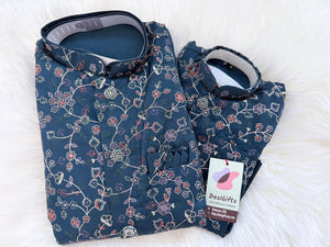 3 Piece Dusty Navy Blue Kurta Pajama with Embroidery Jacket Set, Silk Blend Fabric with a Slight Sheen., Father & Son's Outfit, DM - 3022