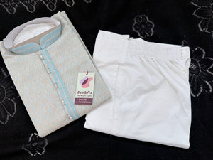 Pastel Blue with Beige accents Jacquard Silk Kurta Pajama Set | Festive Kurta Pant Style Pajama, Man -3057