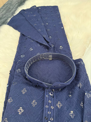 Men’s Blue Rayon Kurta Pajama Set with Chikankari Embroidery and Sequin Accents, Indian Kurta set, KP - 1980