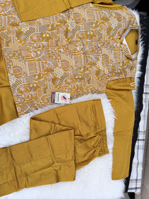 Festive Men’s 3-Piece Mustard Yellow Shade Kurta Pajama with Embroidered Sequins Jacket, Silk Ethnic Wear for Wedding & Festive, KPJ-4053