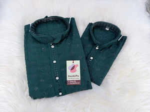 Men & Boys Green Rayon Chikankari with Sequins Kurta Pajama Set | Matching Father Son Festive Outfit with Sequin Work, DM -2078