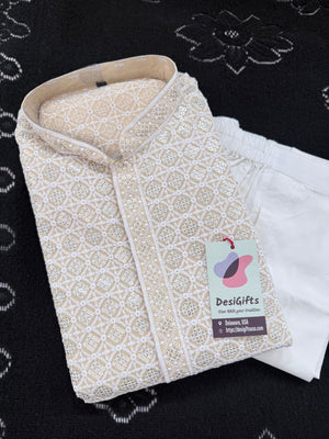Men's Kurta Pajama set with Embroidery and Sequins in Light Beige Shade. Two-piece Indian traditional outfit., KP - 1424
