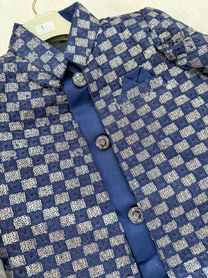 Boy's Blue Cotton Silk 3 Piece Indo Western Outfit,  Embroidered  Sequins Long Jacket with  Pant and Necklace, Boy's Sherwani Dress - B-2074