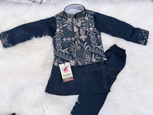 3 Piece Navy Blue Kurta Pajama Set with Embroidery Jacket Set, Silk Blend Fabric with a Slight Sheen, Father & Son's Matching Option, DM - 4081