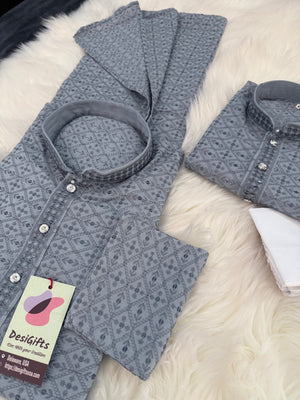 Gray Chikankari Rayon with Sequins 2 Piece Kurta Pajama Set, Father or Son's Outfit, DM -1981