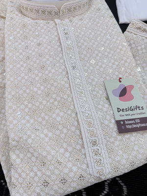 Ivory Cream Embroidered with Sequins Kurta Pajama for Men | Traditional Indian Threadwork Ethnic Outfit, KP - 3023