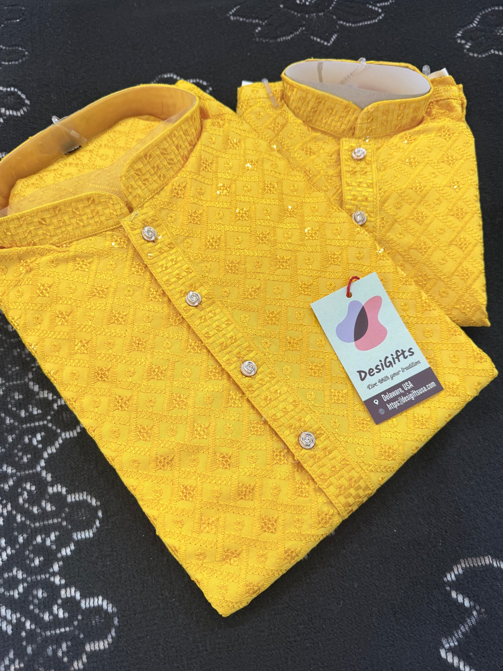 Men & Boys Marigold Yellow Rayon Chikankari with Sequins Kurta Pajama Set | Matching Father Son Option Festive Outfit with Sequin Work, DM -1422