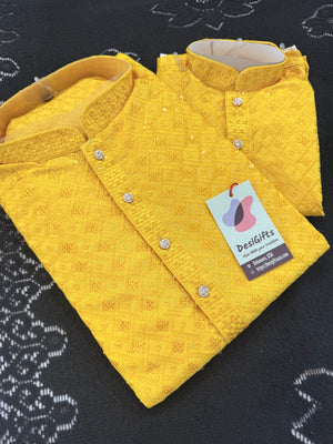 Men & Boys Marigold Yellow Rayon Chikankari with Sequins Kurta Pajama Set | Matching Father Son Option Festive Outfit with Sequin Work, DM -1422