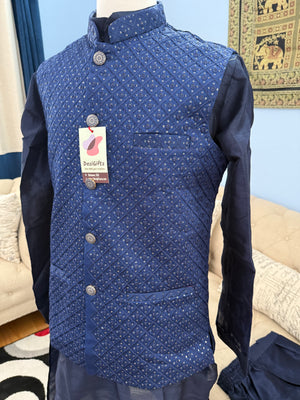 Admiral Blue Shade 3 Piece Kurta Pajama, Pant Style, with Embroidered Sequins Jacket Set-Silk Fabric, JKP- 1923