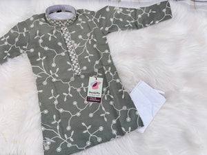 Boys & Men Matching Sage Green Kurta Pajama Set with White Floral Embroidery, Father Son Indian Ethnic Wear, DM- 3011