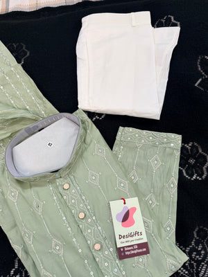 Men’s Pista Green Embroidered Kurta Pajama Set with Sequins Work, Indian Ethnic Wear for Wedding & Festival, KPS-3013