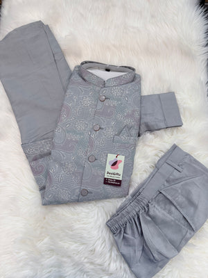 Luxury Everlasting Gray Silk 3-Piece Kurta Pajama with Stylish Jacket, Men’s Festive & Wedding Wear Set, KPJ-2032