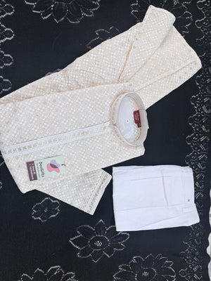 Ivory Cream Embroidered with Sequins Kurta Pajama for Men | Traditional Indian Threadwork Ethnic Outfit, KP - 3023