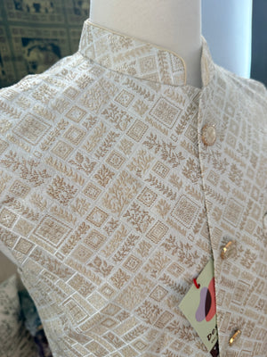 Men’s Light Beige Brocade Nehru Jacket – Blended Silk Indian Sadri, Festive Wedding Waistcoat, Ethnic Modi Jacket, J-3075