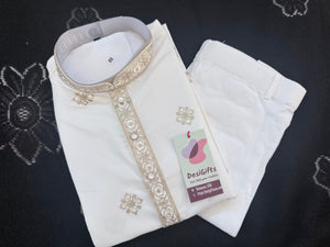 Men’s Ivory Embroidered Kurta Trouser Set | Trendy Kurta Pajama Set with Gold Embroidery | Wedding & Festive Wear, KP - 4027