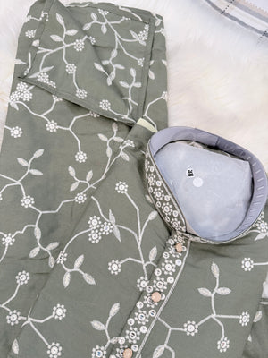 Boys & Men Matching Sage Green Kurta Pajama Set with White Floral Embroidery, Father Son Indian Ethnic Wear, DM- 3011
