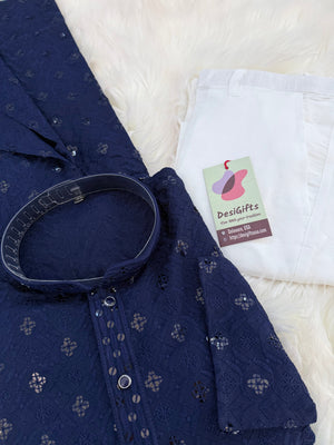 Men’s Blue Rayon Kurta Pajama Set with Chikankari Embroidery and Sequin Accents, Indian Kurta set, KP - 1980