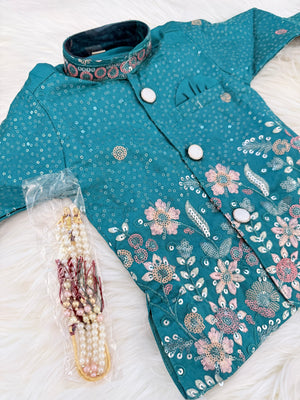Baby Boys 3 Piece Teal Blue Silk Blend Indian Dress Set with Sherwani Kurta, Dhoti & Pajama – Ethnic Wedding and Festive Outfit, B-4062