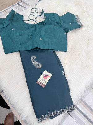 Ready-to-Wear Embroidered Saree with Stitched Blouse, Fall & Pico Done, Indian Wedding & Festive Sari, 4 Colors, S- 3080