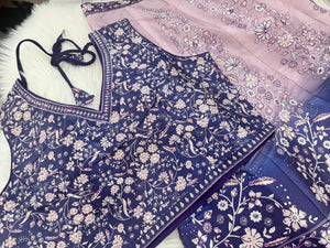 Women’s Navy Blue & Dusty Pink Lehenga Choli Set with Dupatta – Digital Floral Print, Mirror-Style Sequin Work, Indian Wedding Festive Wear, LHG - 4009