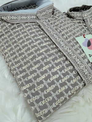 Mocha Shade Chikankari Rayon with Sequins 2 Piece Kurta with Trouser Style Pajama Set, Father & Son's Outfit, DM -2009