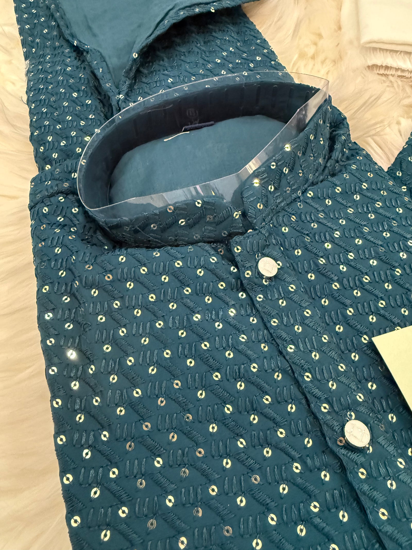 Pre-Teen and Teen Boy's Chikankari Embroidered Kurta Pajama with Sequins, Teal Blue Shade  - BOY-1911