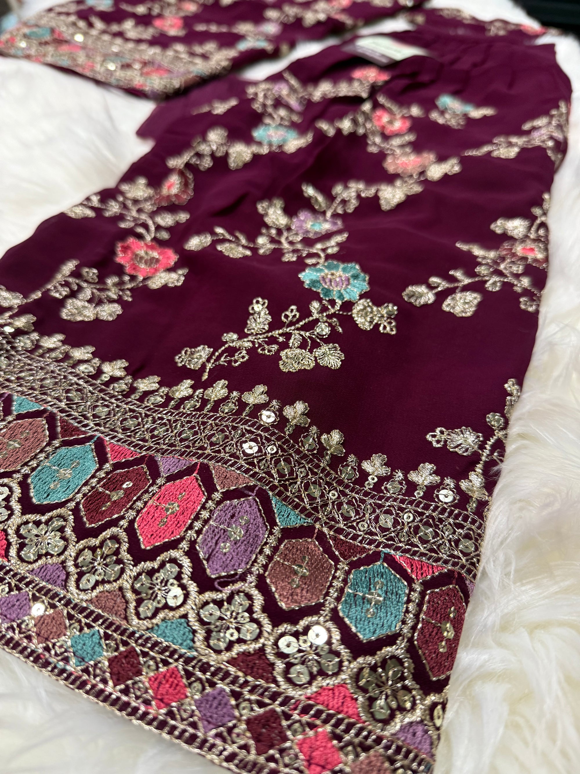 Girls’ Indian Ethnic Palazzo Suit – Dark Wine Shade with Heavy Embroidery & Sequins, GRL -1947