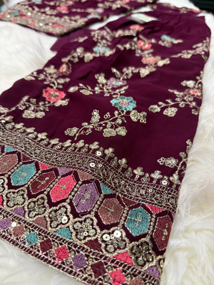 Girls’ Indian Ethnic Palazzo Suit – Dark Wine Shade with Heavy Embroidery & Sequins, GRL -1947
