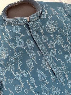 Men’s Deep Teal Blue with Silver Embroidered Kurta Pajama Set with Sequin Accents | Chikankari-Style Wedding & Festive Indian Outfit, KP- 3060