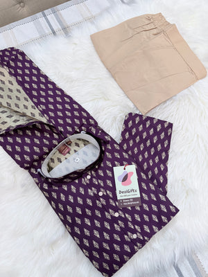 Men’s Royal Purple Jacquard Kurta Pajama Set, Indian Ethnic Wear for Wedding Party Festival, Designer Kurta for Men, KP -3004
