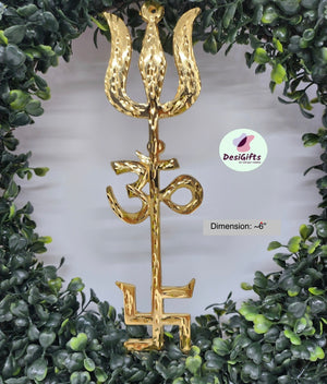 6" Golden Trishul Om Swastik Wall Hanging – Spiritual Metal Décor for Home & Temple, S5M-3047