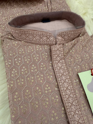 Pre-Teen and Teen Boy's Chikankari Embroidered Kurta Pajama with Sequins, Onion Shade  - BOY-1914
