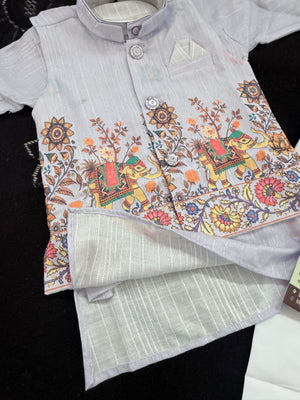 Boys Light Lavender Kurta Pajama with with Elephant Print Nehru Jacket | 3-Piece Indian Ethnic Outfit – Festive Ethnic Wear,- Design B-4034