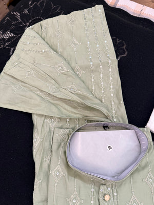 Men’s Pista Green Embroidered Kurta Pajama Set with Sequins Work, Indian Ethnic Wear for Wedding & Festival, KPS-3013