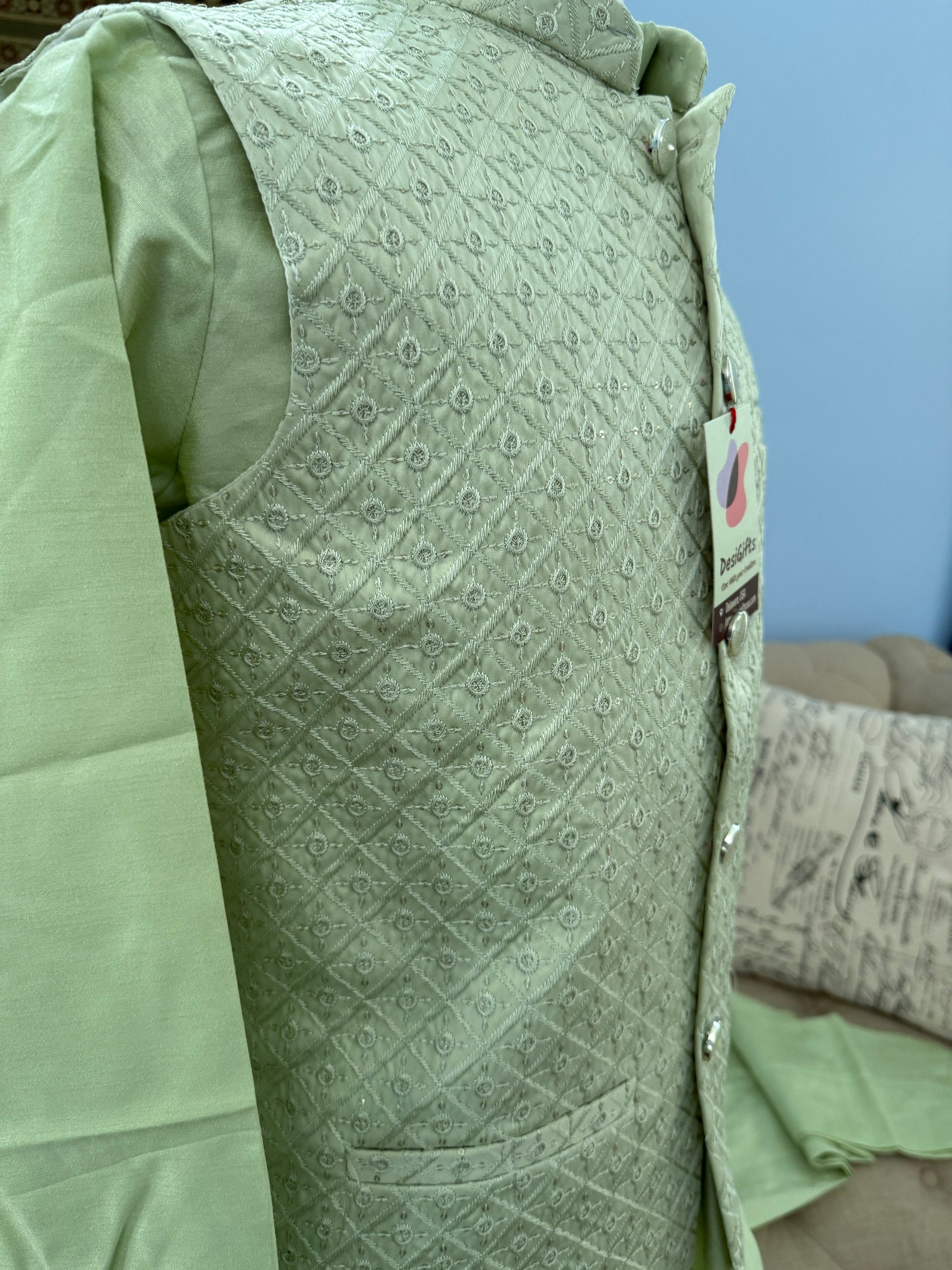 Pastel Green Shade 3 Piece Kurta Pajama, Pant Style, with Embroidered Sequins Jacket Set-Silk Fabric, JKP- 1924
