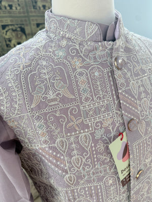 Men’s Pastel Purple 3-Piece Kurta Pajama with Heavy Embroidered Jacket, Wedding & Festive Ethnic Wear, KPJ-3079
