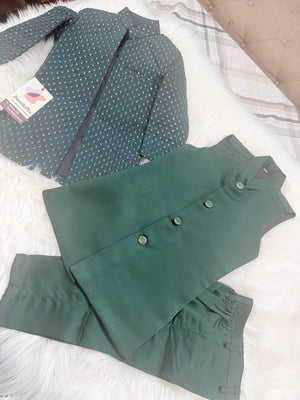 Boy's Pine Green Shade Cotton Silk 3 Piece Indo Western Outfit,  Embroidered  Sequins Long Jacket with Pant , Boy's Sherwani Dress - B-3051