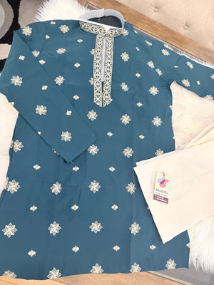 Men’s Teal Blue Shade Embroidered Kurta Pajama Set | Open Neck Kurta with Ivory Trouser Pants | Indian Wedding & Festive Wear, KP-4069