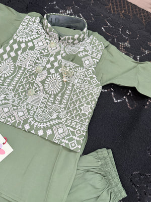 Boys Green Kurta Set with Embroidered Jacket and Pajama – Festive Ethnic Wear,- Design B-2028