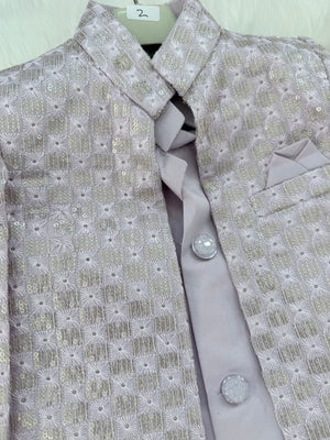 Boy's Lavender Shade Cotton Silk 3 Piece Indo Western Outfit,  Embroidered  Sequins Long Jacket with  Pant and Necklace, Boy's Sherwani Dress - B-2076