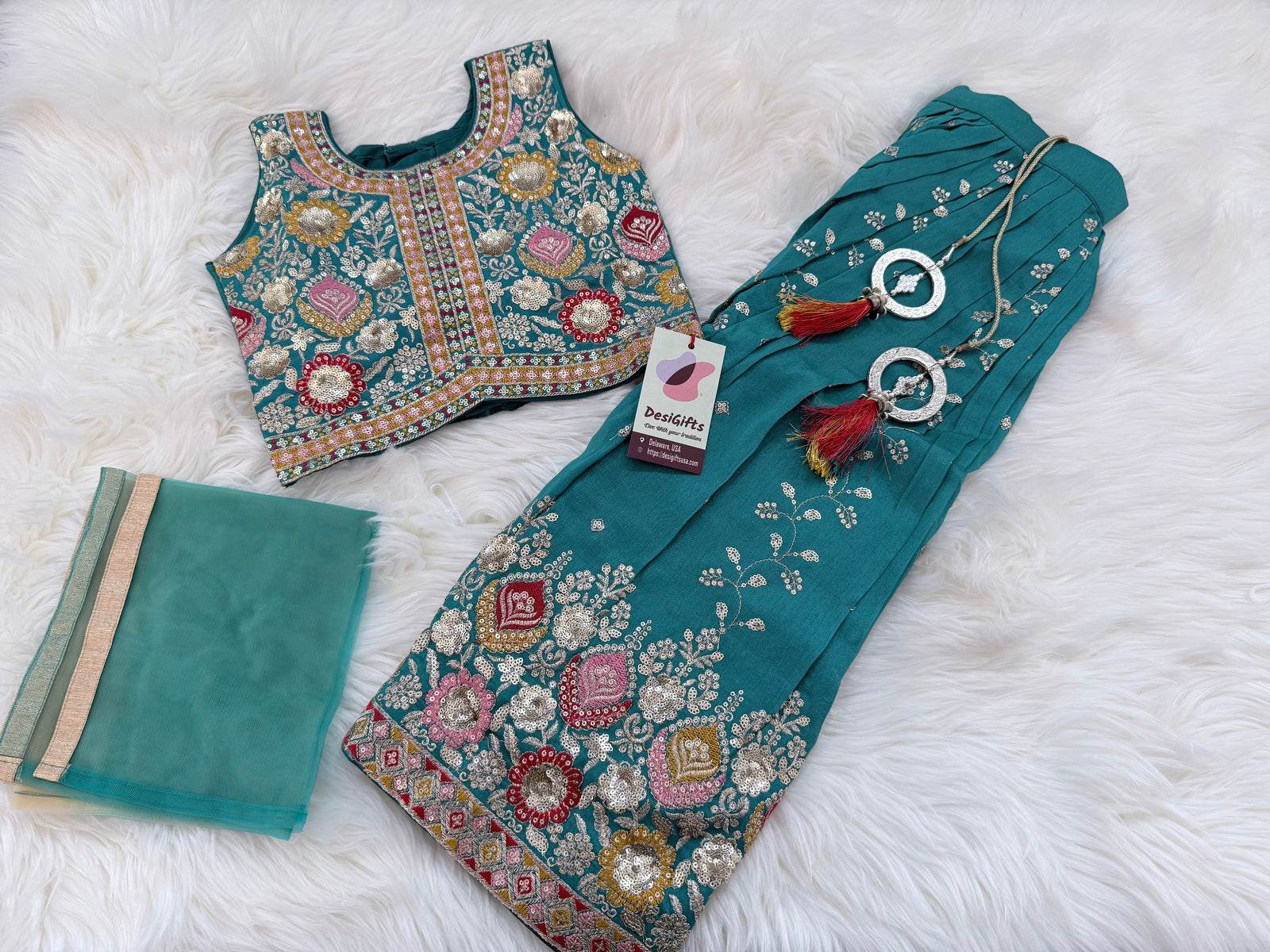 Girls Peacock Blue Zari Embroidered Lehenga Choli Set with Dupatta, Traditional Indian Ethnic Wear for Kids, Wedding & Festival Outfit, GRL-3071
