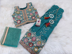 Girls Peacock Blue Zari Embroidered Lehenga Choli Set with Dupatta, Traditional Indian Ethnic Wear for Kids, Wedding & Festival Outfit, GRL-3071