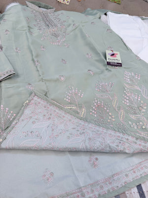 Men’s Sage Green Shorter Kurta with Parallel Pants | Floral Embroidery Kurta Pajama Set | Indo-Western Wedding & Festive Kurta Set, KP - 4064