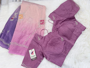 Soft Silk Blend Saree with Floral Embroidery, Ombre Effect | Stitched Blouse Included | Fall & Pico Done | Wedding, Festive & Party Wear, S- 3082